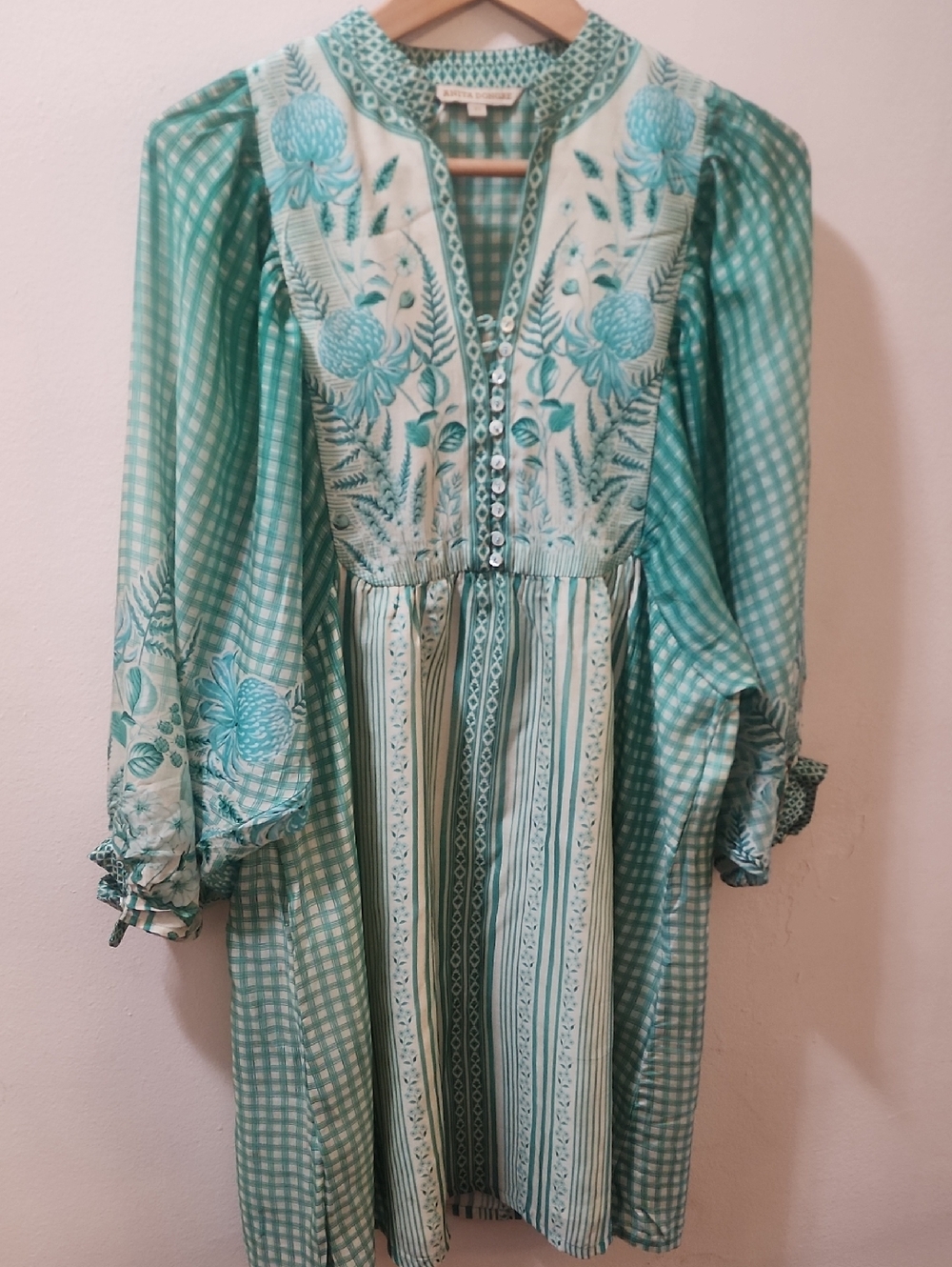 Anita Dongre  Aqua Green Floral and Gingham Short Designer Crepe Dress